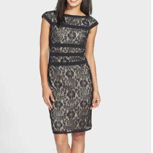 Adrianna Papell Black Nude Lace Sheath Dress Size 6